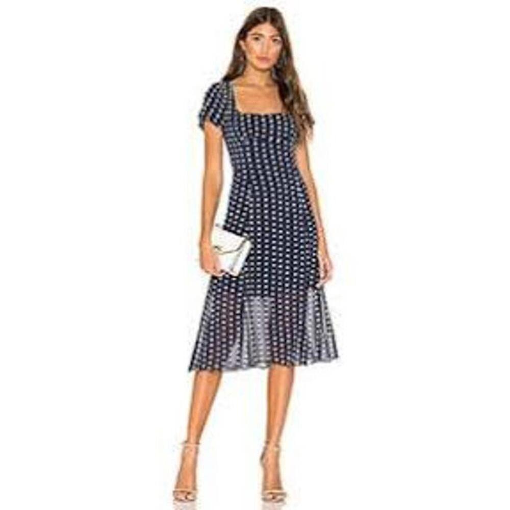 LPA Enzo Navy Polka Dot Open-Back Mesh Hem Midi Dress – Size Small